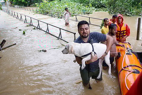 Flood in Tripura: A man carrying his pet dog shifts to a safer place from a flood-affected area